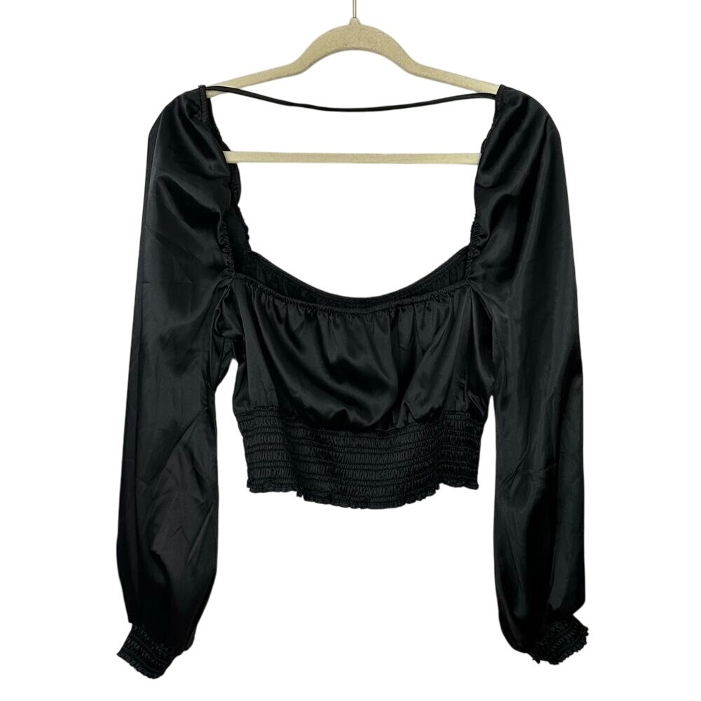 AFRM Satin Peasant Shirt Top Long Puff Sleeve Cropped Ruched Black Large Revolve